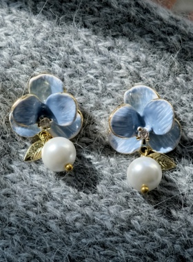《云染蓝山》复古温柔蓝色花朵珍珠珐琅滴釉耳钉耳环耳夹无耳洞女