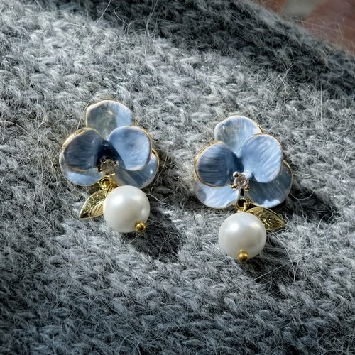 复古仙气蓝色花朵珍珠珐琅釉耳环