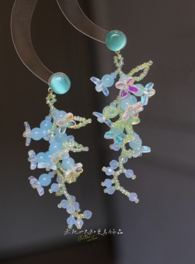 《漂浮夏日》原创夏天清新蓝绿色琉璃串珠猫眼石超仙清冷耳环耳夹