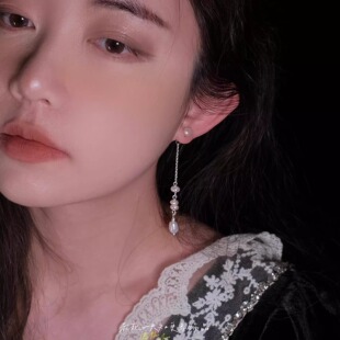 显瘦耳环耳钉女耳夹 天然淡水珍珠高级感小众流苏长款 少女泪珠
