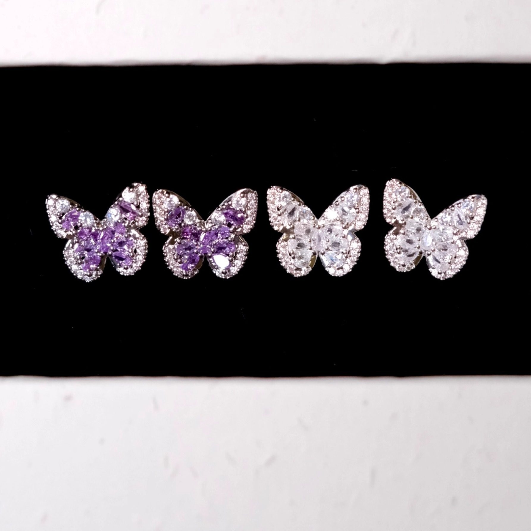 《灵蝶》精致璀璨闪耀白紫色满钻蝴蝶高级感轻奢耳环耳夹耳钉耳饰