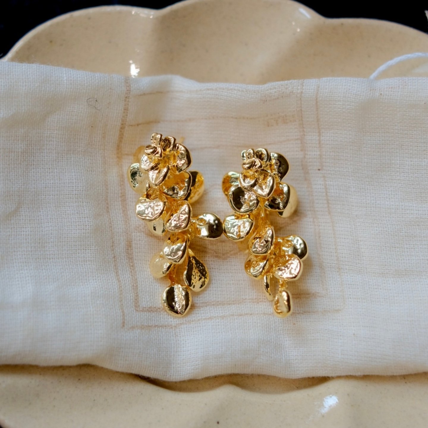 《一树繁花》复古宫廷风轻奢哑光金色肌理花朵流苏长耳环耳夹耳饰