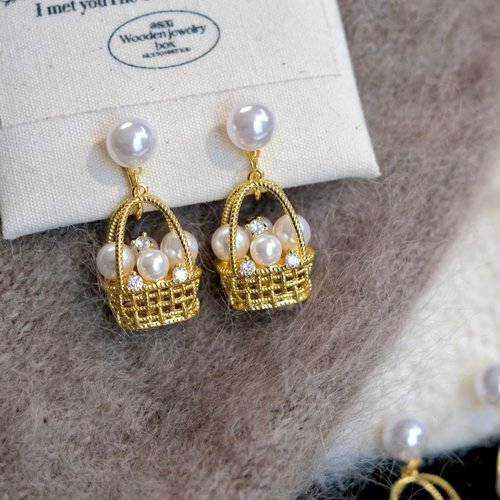 《提篮珍珠》复古法式精致高级感金色花篮耳钉耳环耳饰耳夹无耳洞
