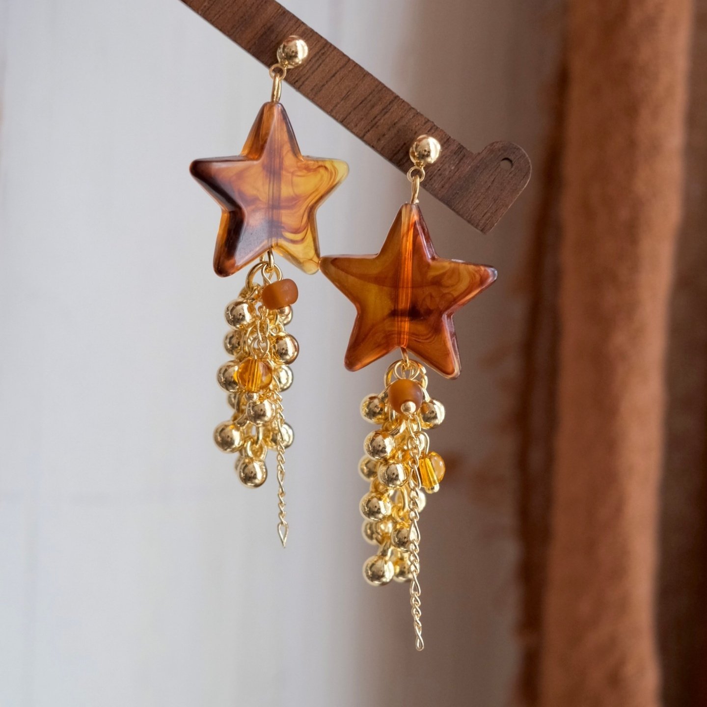 《琥珀星星》原创复古气质秋冬氛围感星形金色流苏耳钉耳环耳夹女