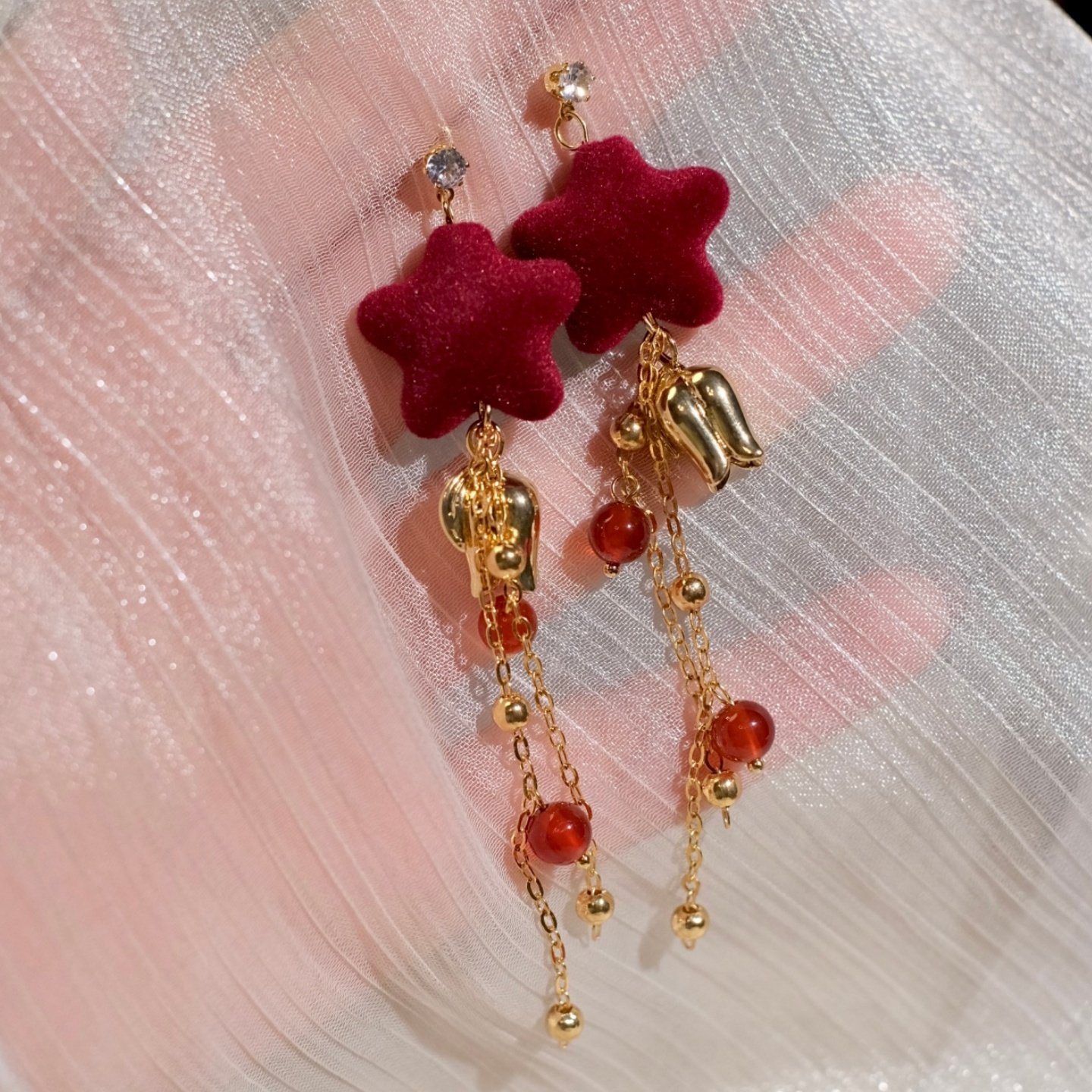 《圣诞星星》原创秋冬酒红色丝绒花朵长流苏玛瑙耳环耳夹耳饰新年