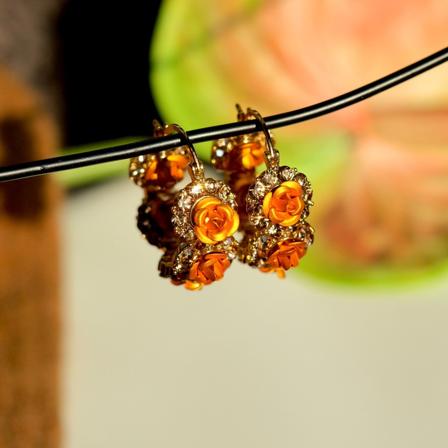 《秋染玫瑰》复古优雅秋冬氛围感橙色花朵镶钻耳扣耳环耳夹耳饰女
