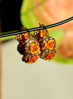 《秋染玫瑰》复古优雅秋冬氛围感橙色花朵镶钻耳扣耳环耳夹耳饰女