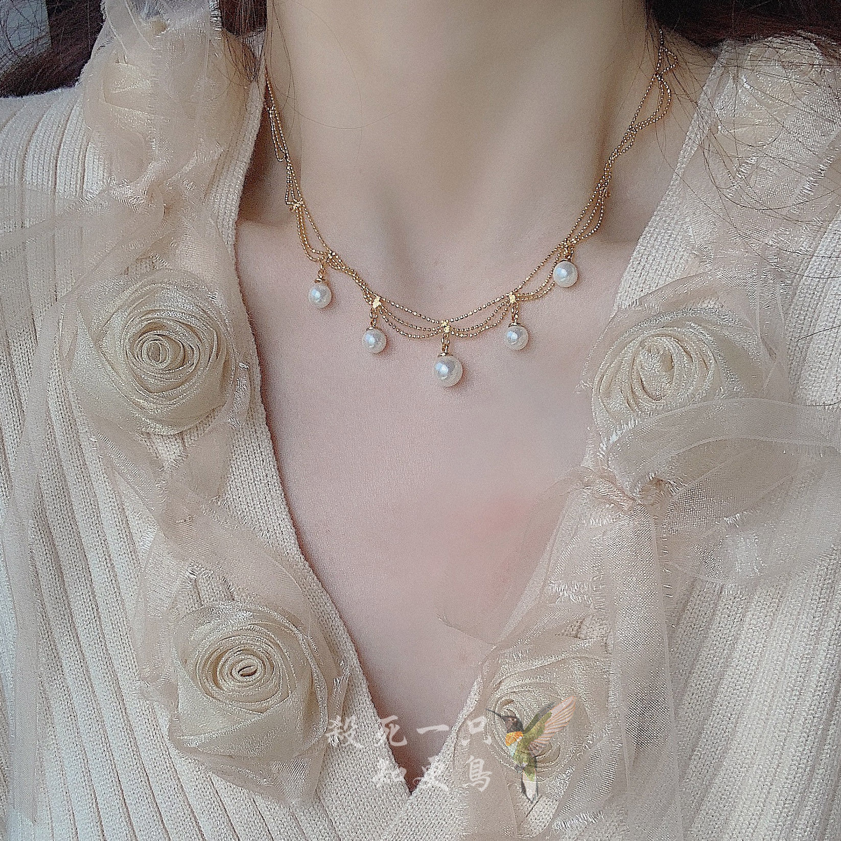 「知更鸟」贵妇画像 法式复古宫廷风温柔气质波浪珍珠项链锁骨链