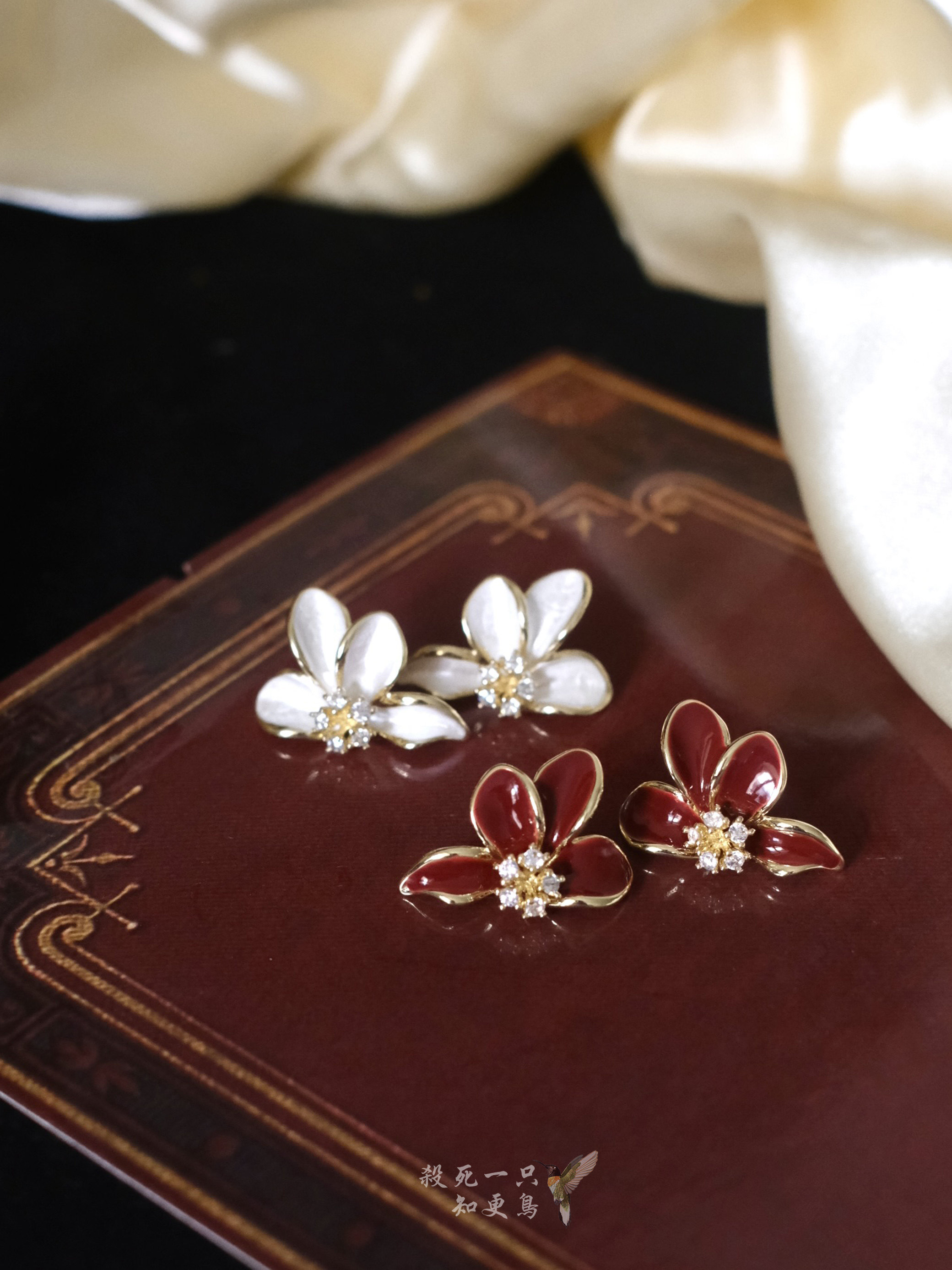 《胭脂茉莉》复古精致仙气高级感简约锆石珐琅滴釉花朵耳钉耳夹女