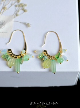 《风过草木》春夏原创国风清新绿色天然石流苏气质独特耳环耳饰女