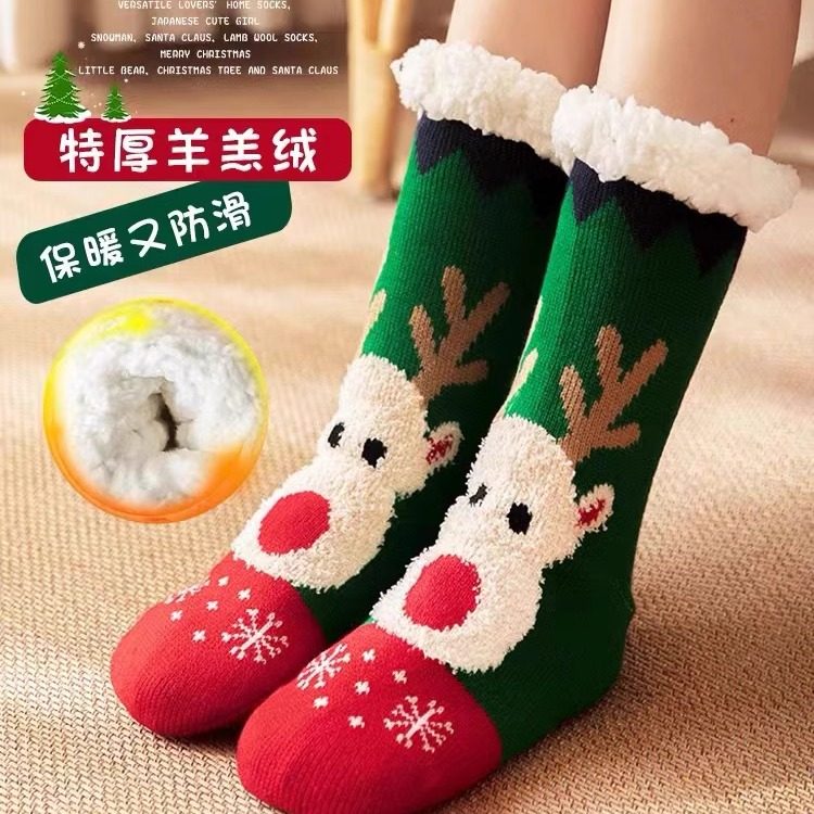 圣诞袜子女秋冬加厚保暖珊瑚绒地板睡眠中筒袜居家袜套月子睡眠袜