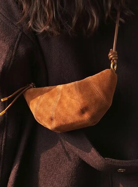 布谷森林女士新款反绒牛皮牛角包通勤单肩真皮斜挎包腋下包B666