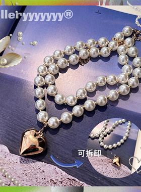 Gallery双层爱心吊坠珍珠项链女