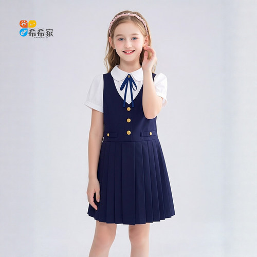 女童学院风假两件百褶连衣裙