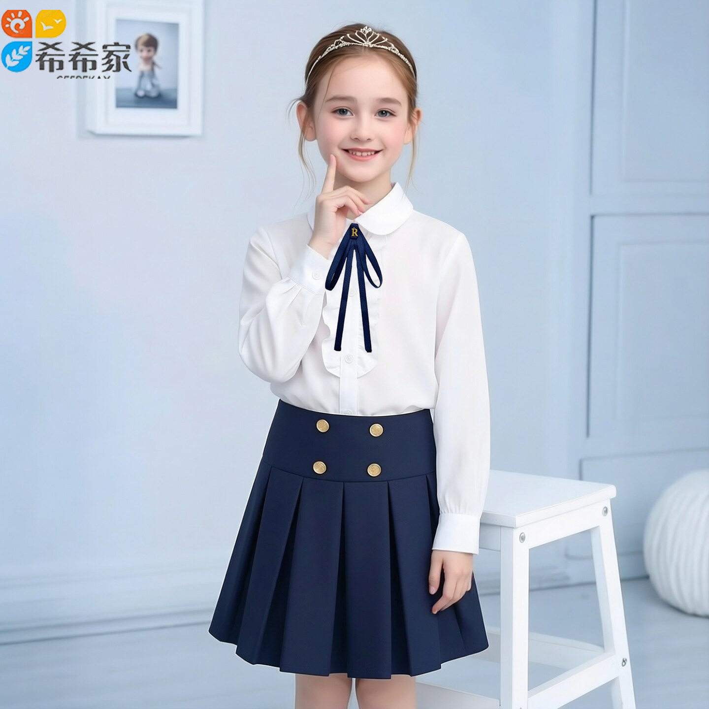 学院风校服套装女童胸花白衬衫半身百褶短裙小学生六一团体演出服