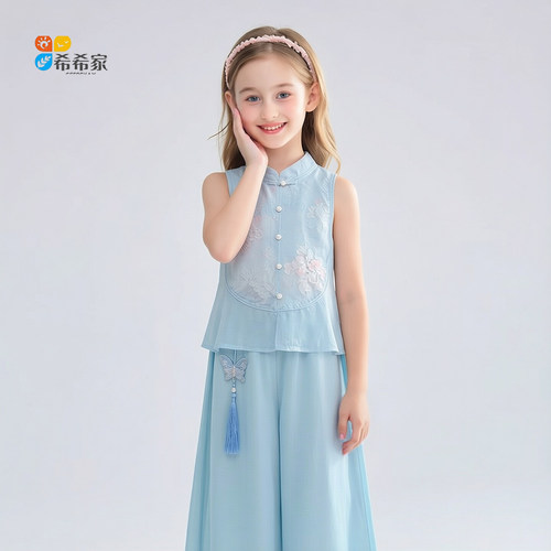 女童无袖刺绣盘扣流苏汉服套装