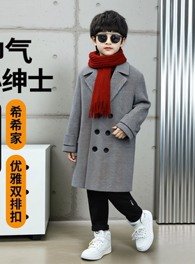 男童冬季加厚夹棉双排扣呢大衣