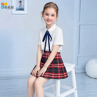 学院风jk制服套装女童红黑格纹百褶裙小学生校服白色衬衫格子短裙