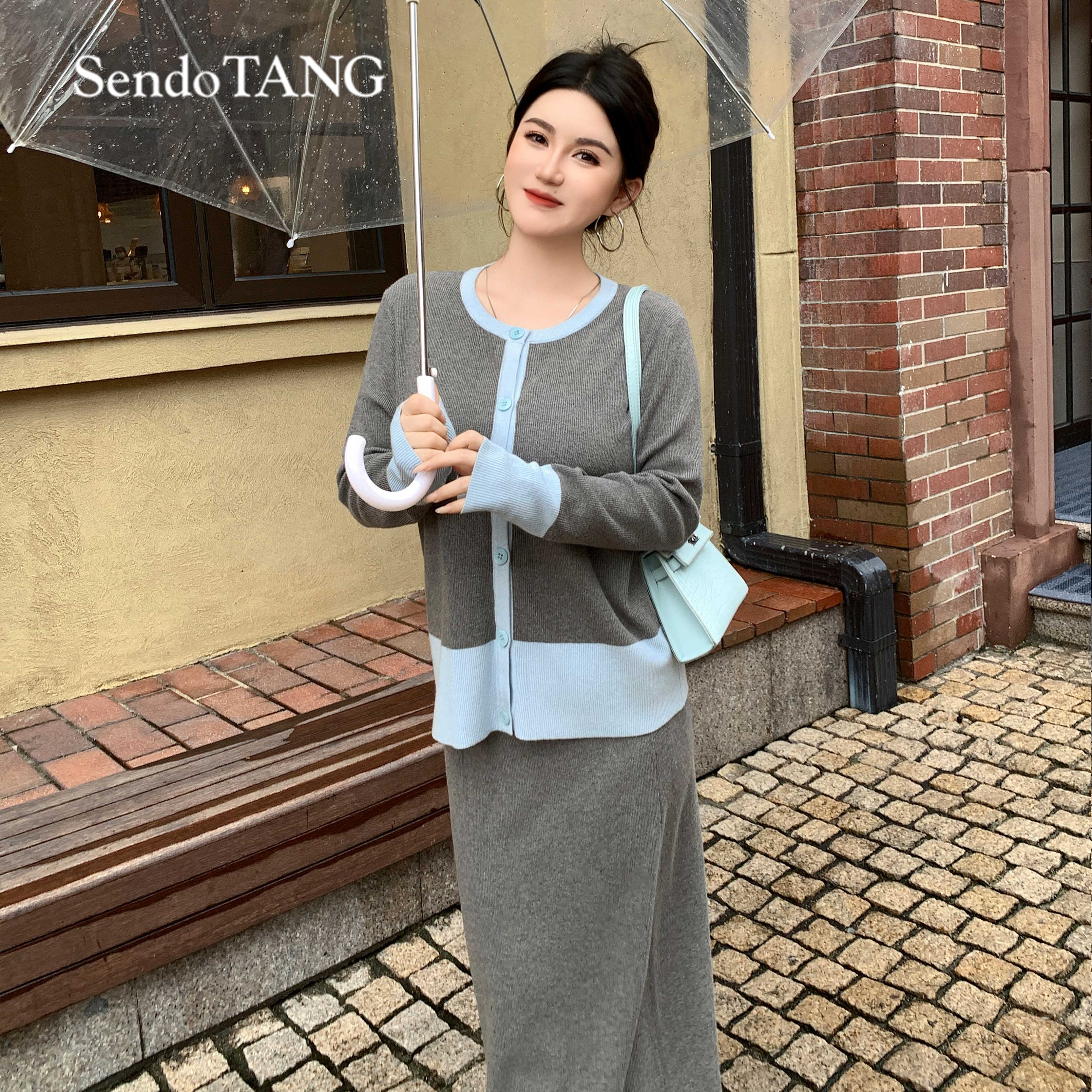 开衫半裙套装【泡芙小姐】简约复古风撞色拼接针织大码女装