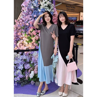 叠影 时尚 胖多女装 新款 气质休闲高级感连衣裙 夏季 撞色拼接
