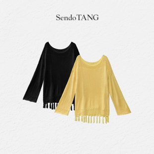 新款 长袖 胖多女装 甜蜜暴击 百搭上衣 镂空下摆流苏条设计针织衫