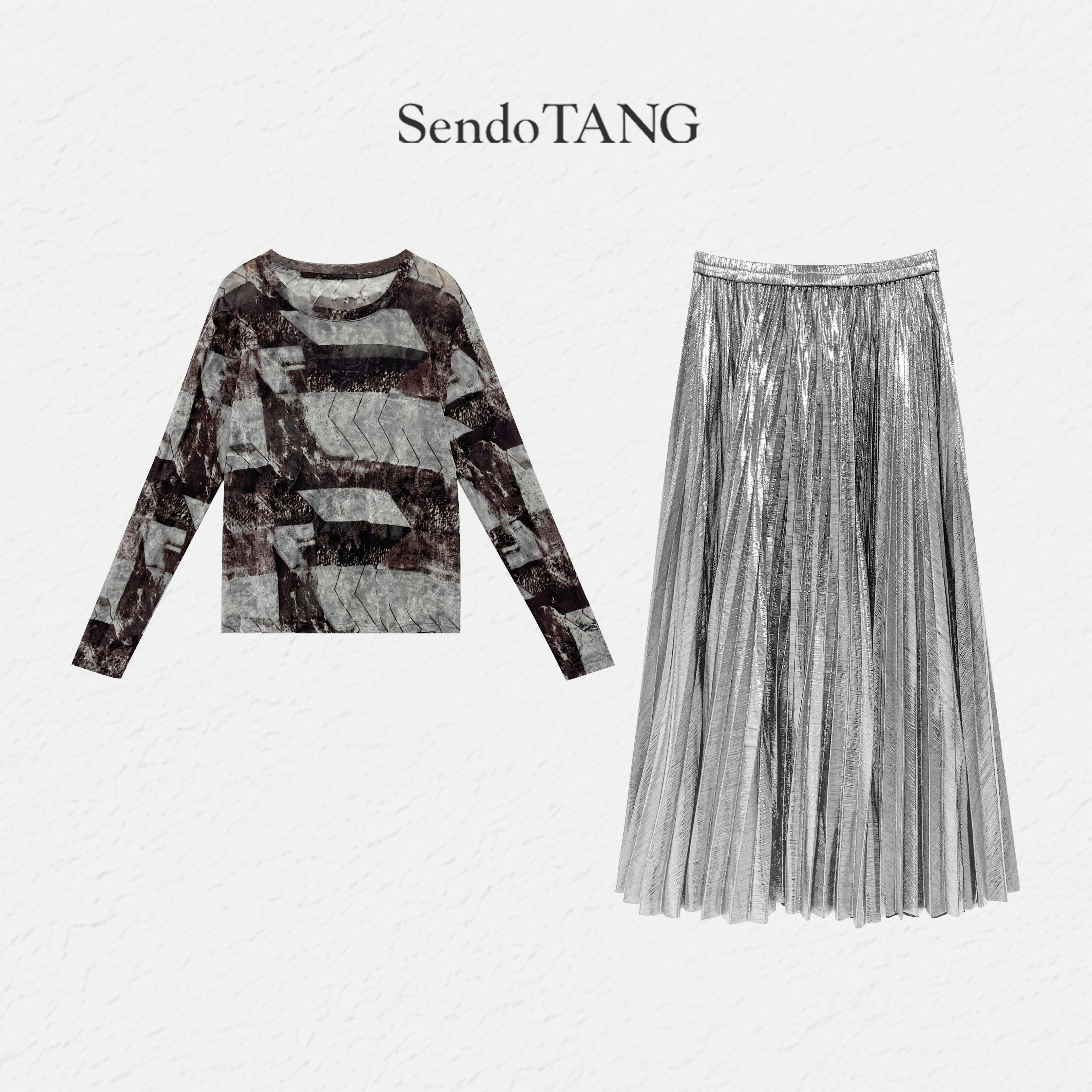 复古晕染洋气上衣半裙套装【桑铃花】胖多女装遮肉显瘦时尚套装