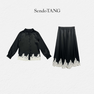 夏季 胖多女装 新款 时尚 套装 高级感上衣半裙套装 黑美人