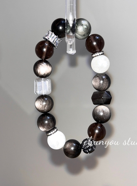 墨染·天然冰曜石银曜石雪花幽灵手链女款时尚饰品送女友闺蜜礼物