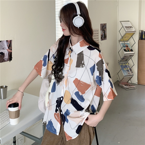 Real shot 100% polyester 2021 new summer shirt women's short sleeve line printing loose lady