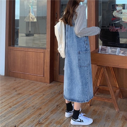 2021 new autumn denim suspender skirt women's loose waist, slim middle and long suspender dress, trendy large