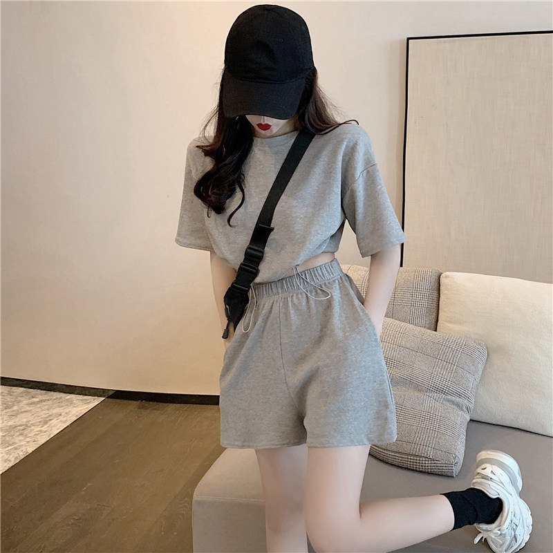 2021新款时尚百搭休闲运动套装女束腰宽松紧腰阔腿裤短裤两件套夏