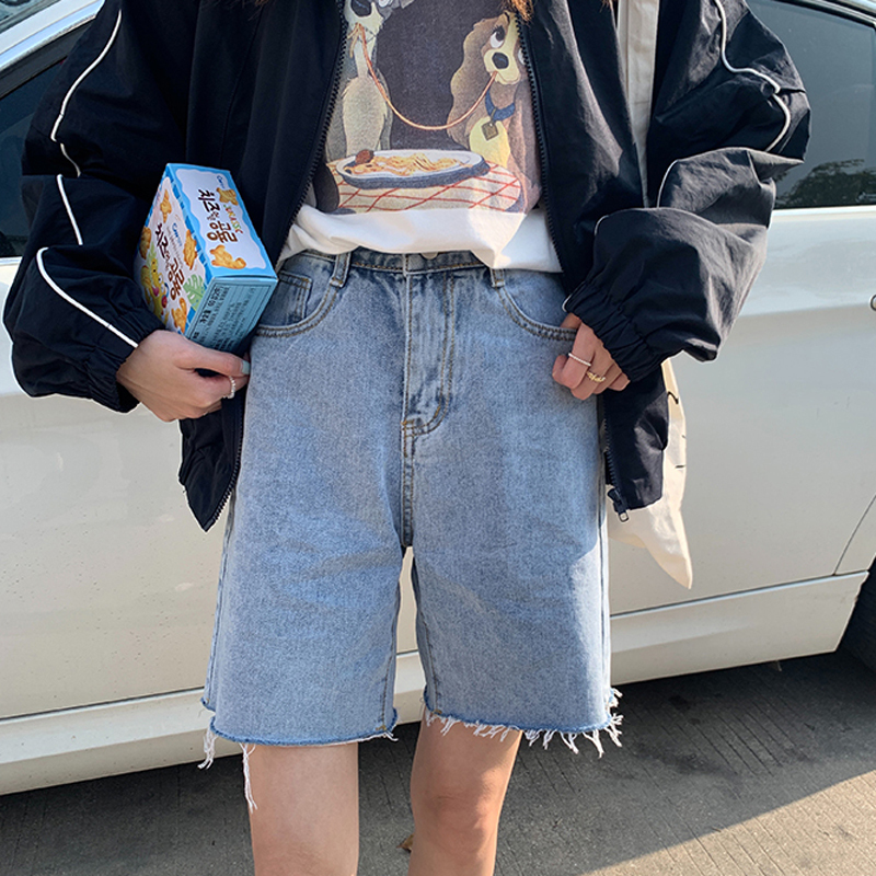 New thin denim wide leg pants light color middle pants high waist students show thin loose straight pants women's summer