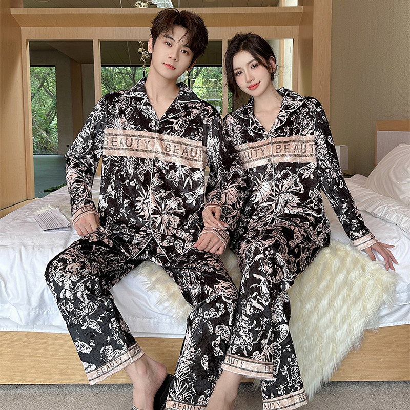 金丝绒情侣睡衣男女士长袖春秋冬季甜美薄款金钻绒结婚家居服套装