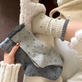 袜子女中筒秋冬季 波点温柔圆点花边百搭加厚复古多巴胺秋冬泡泡袜