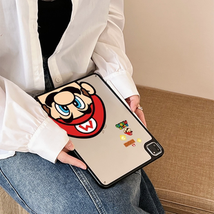 4硬殼10.2平板保護套 超創意適用無蓋ipad保護殼蘋果pro11磁吸筆槽10.9英寸可愛馬里奧2024第十代9亞克力air5