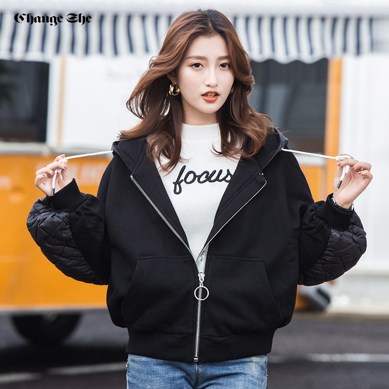 change she千细2020春装新款时尚灯笼袖连帽宽松黑色拼接短外套女