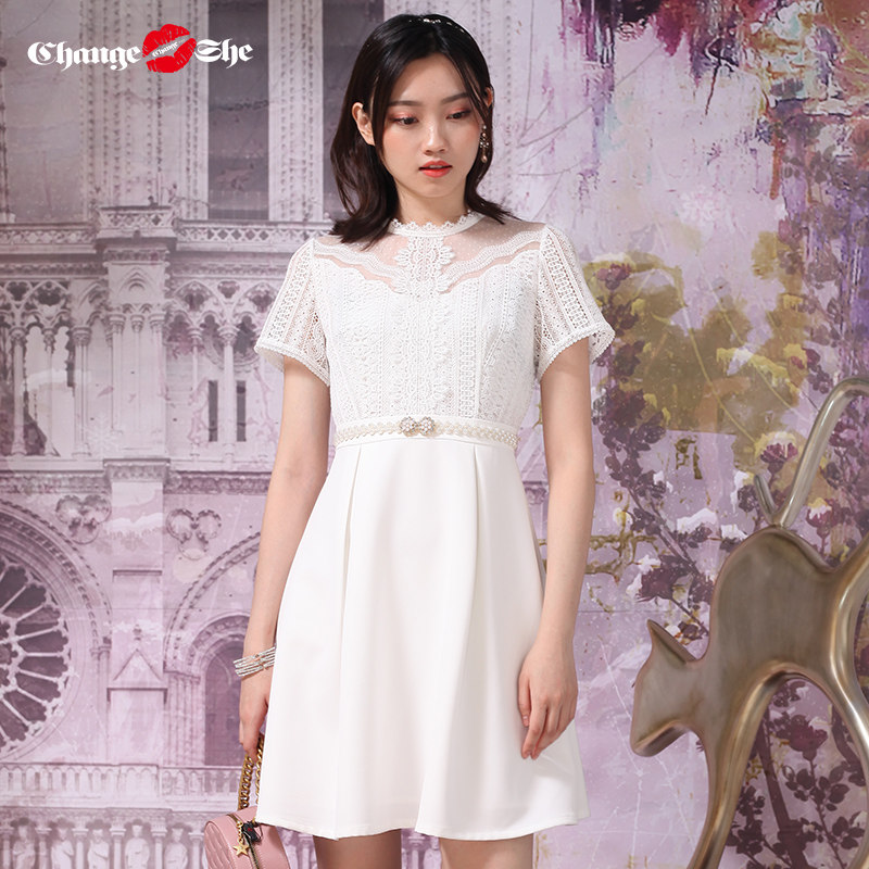change she千细2021刺绣镂空花边领短袖收腰复古设计感裙