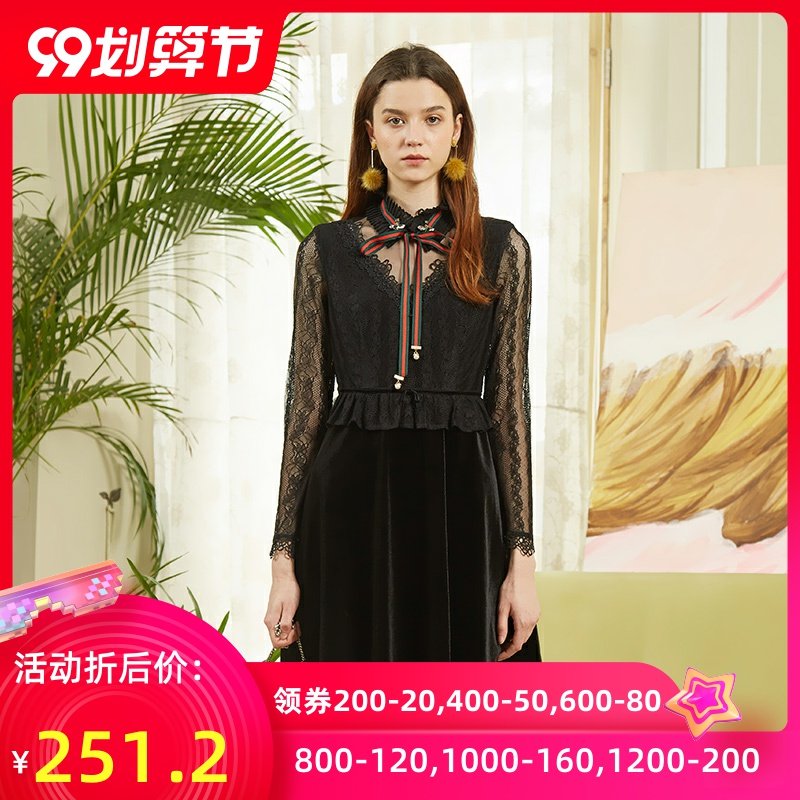 千细change she2020春装新品时尚镂空网纱长袖收腰气质蕾连衣裙女