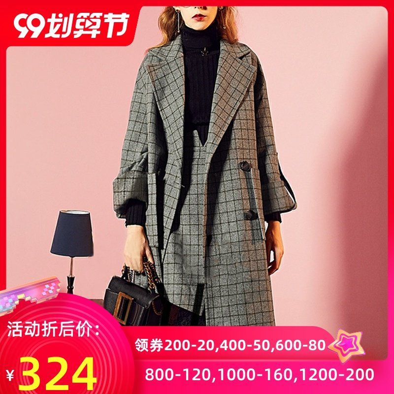 change she千细2020春季新款时尚复古宽松格子呢子大衣外套中长款