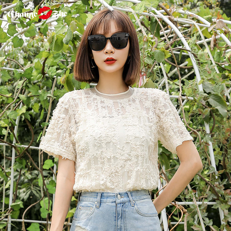 change she千细2021新款时尚蕾丝蛋糕上衣女圆领拼接镂空刺绣气质