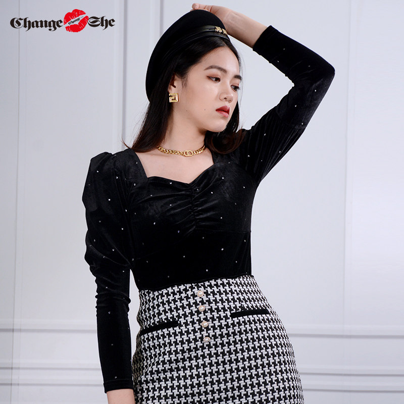change she千细2020新款修身显瘦性感丝绒拼接打底衫上衣灯笼袖