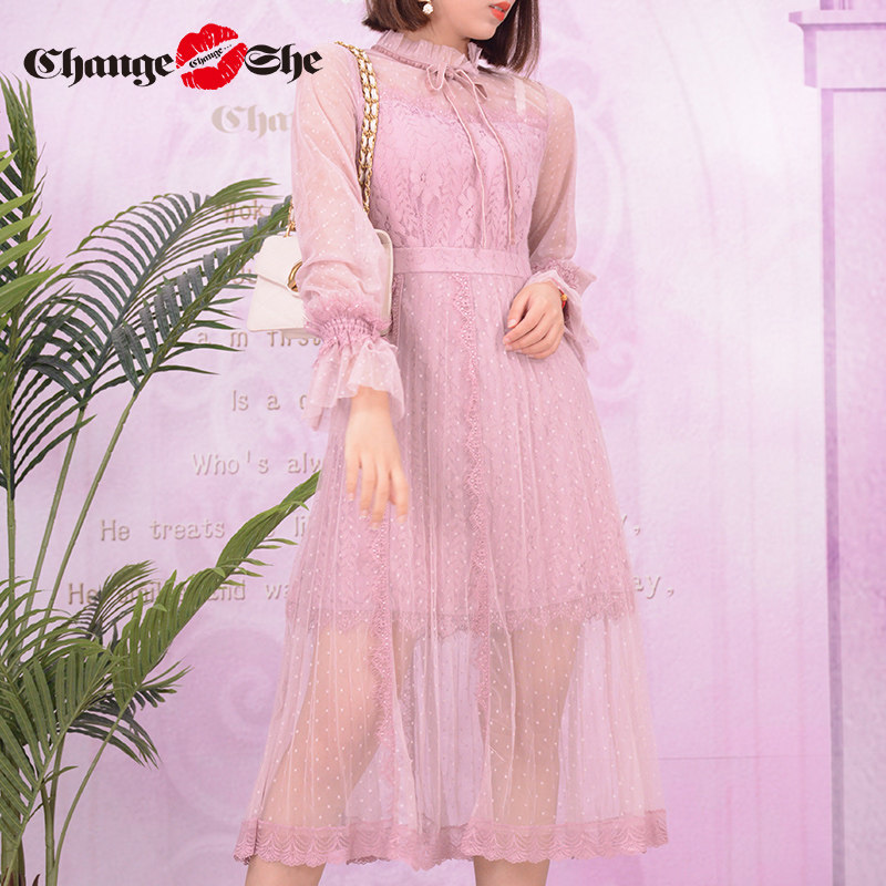 change she千细2020新款蕾丝名媛气质超仙中长款显瘦礼服连衣裙