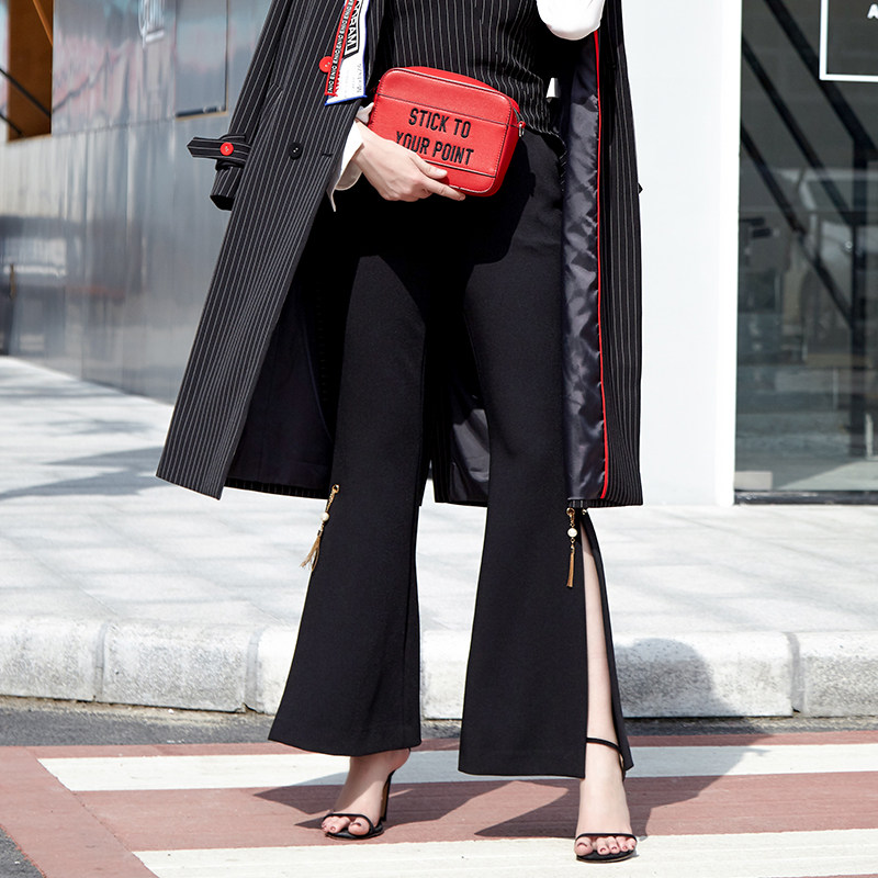 千细change she2020春季新品 黑色高腰喇叭裤5.9