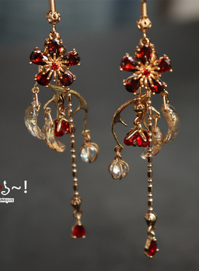 嗷呜 玫瑰向晚 原创手工红色锆石汉服耳环耳夹