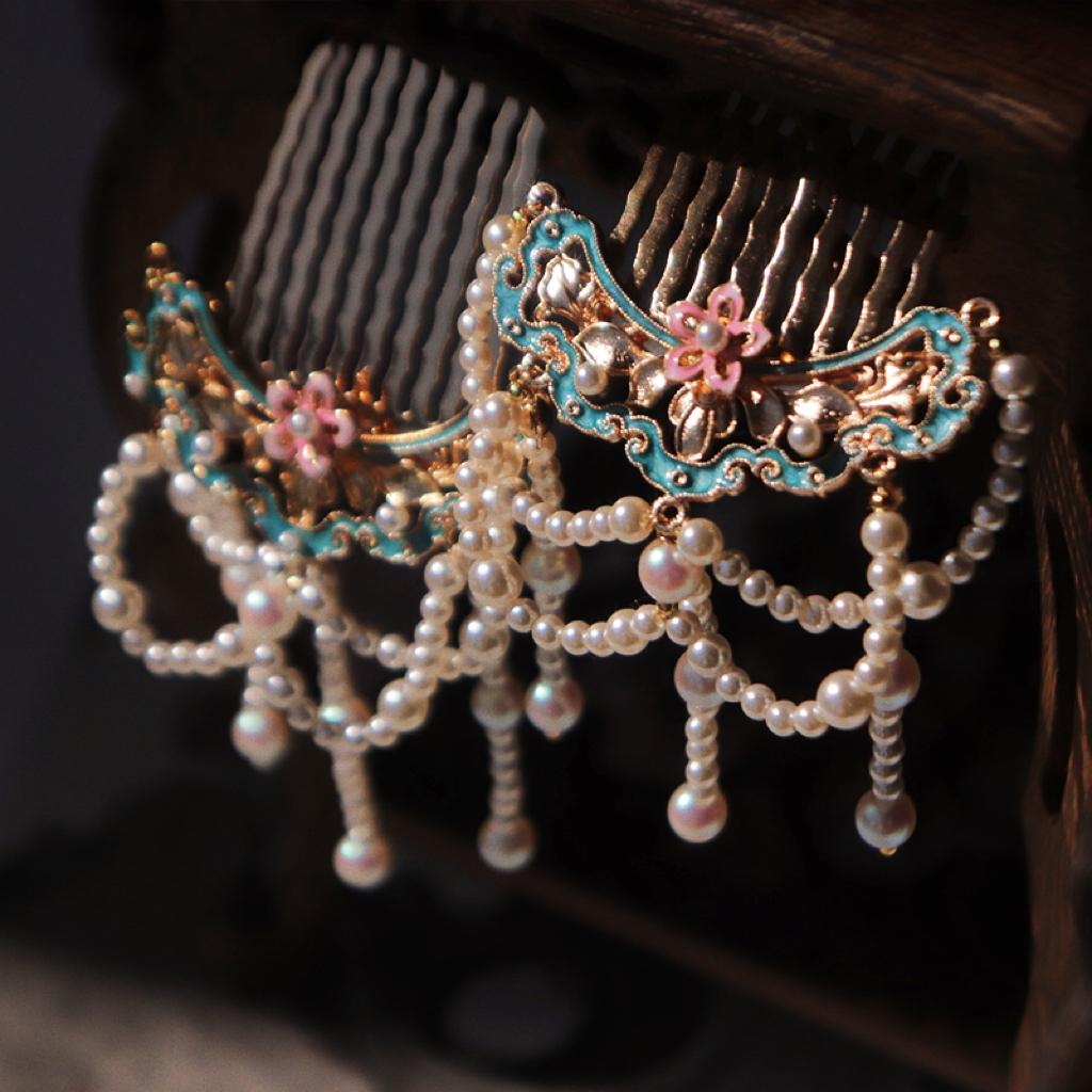 发簪烧蓝珍珠发梳唐风压鬓
