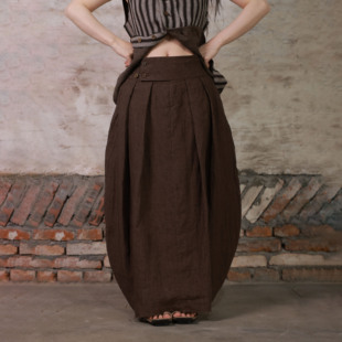花苞裙长裙 可翻折腰头茧型半身裙 InchLim 工匠感色织亚麻半裙