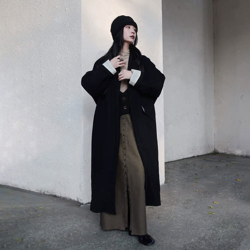 小众原创直领假两件羊毛大衣