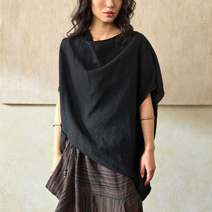 松弛感~2026夏全亚麻砂洗不规则上衣女宽松立体剪裁短袖T恤暗黑感