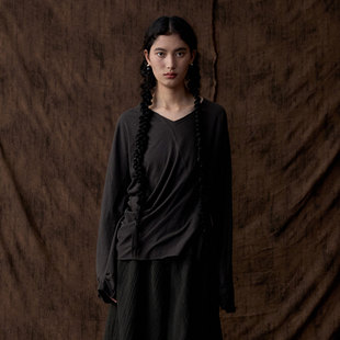 不对称设计~泥炭灰工匠风褶皱长袖T恤 设计师品牌 InchLim