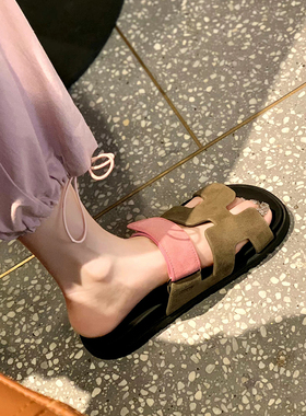 【限时78】二舅拖鞋女夏季外穿真皮厚底魔术贴平底女式凉拖鞋子